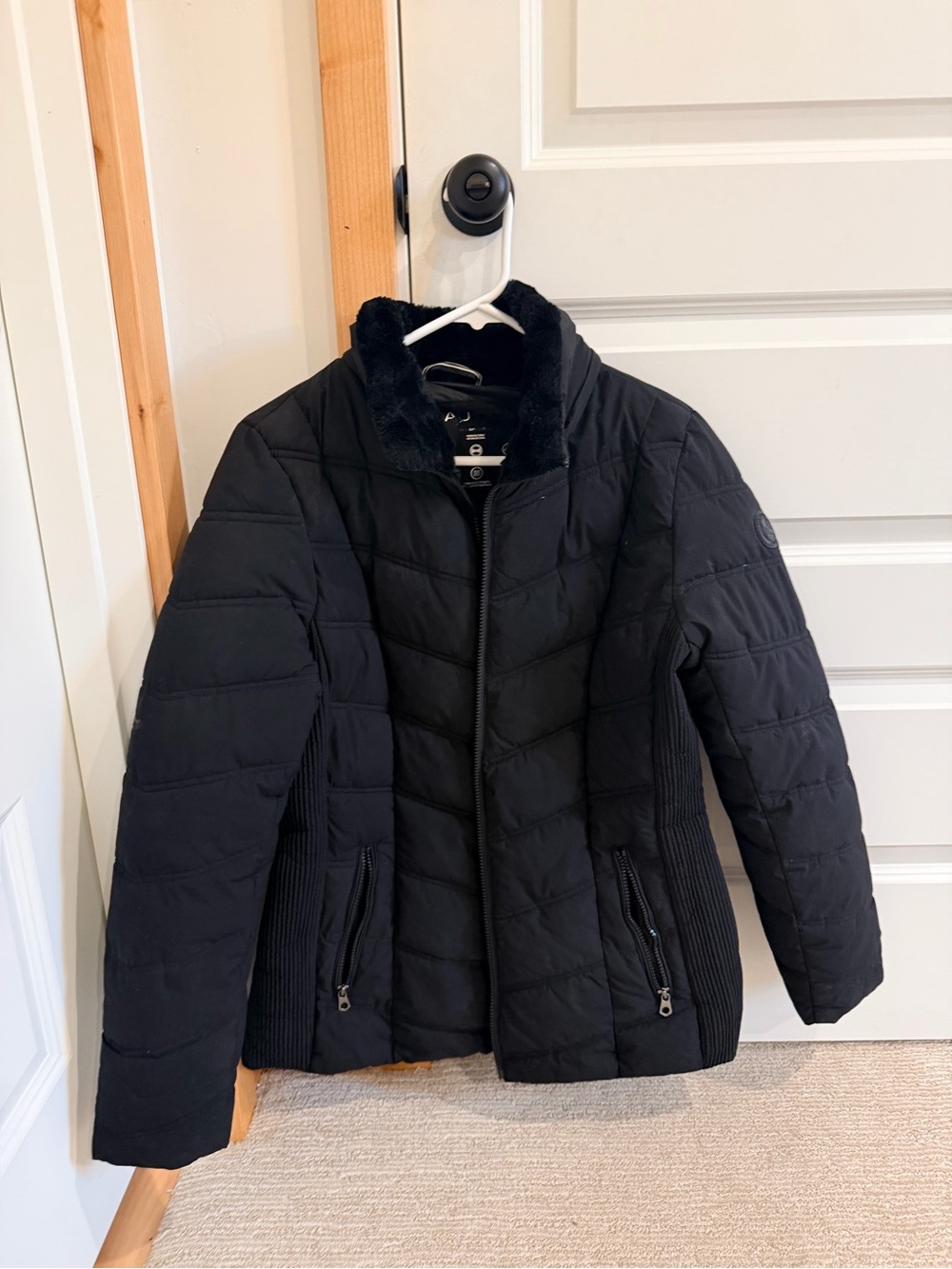 Nautica Black Quilted Puffer Jacket with Faux Fur Collar